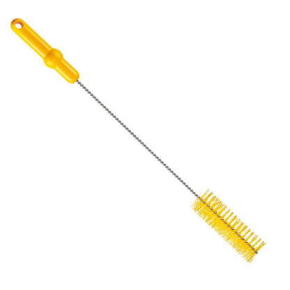 La BROSSE À TUBE, ø 0,50MM MOYEN, 500Xø40MM de Haug Bürsten KG a des poils jaunes rigides, une poignée jaune et un long manche en métal torsadé - parfaite comme brosse de nettoyage pour les tuyaux. Photographiée sur un fond blanc.
