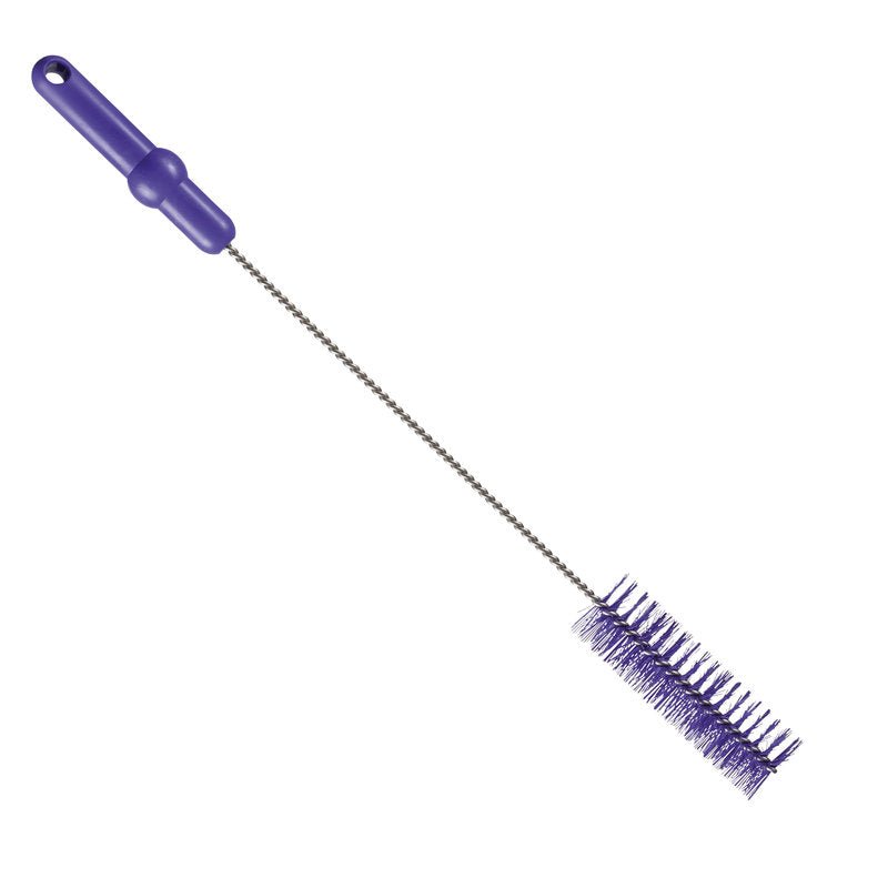 La Haug Bürsten KG BROSSE À TUBE, ø 0,50MM MOYEN, 500Xø40MM a une poignée en plastique violette, un long manche en métal torsadé et des poils cylindriques violets denses, idéale comme brosse de nettoyage pour les tuyaux et sur fond blanc.