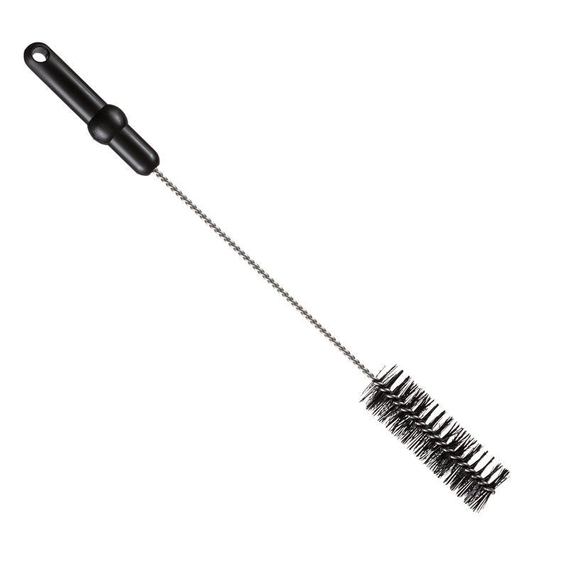 La BROSSE À TUBE, ø 0,50MM MOYEN, 500Xø40MM de Haug Bürsten KG a une poignée en plastique noire, une tige en métal torsadée et des poils cylindriques noirs denses - idéale comme brosse de nettoyage pour les tuyaux. Représentée isolée sur fond blanc.