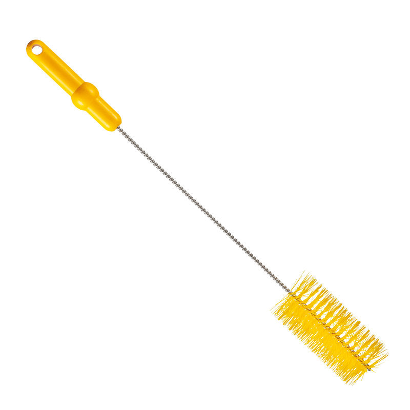 La BROSSE À TUBE de Haug Bürsten KG, ø 0,50MM MOYEN 500Xø 60MM, a des poils jaunes rigides, une poignée en plastique et un long manche en métal torsadé - idéale pour nettoyer les pipes, bouteilles ou récipients étroits.