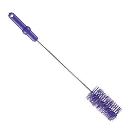 La BROSSE À TUBE de Haug Bürsten KG, ø 0,50MM MOYEN 500Xø 60MM, a une poignée en plastique violet et des poils sur une tige métallique flexible, idéale pour le nettoyage des espaces étroits comme les bouteilles ou les tubes.