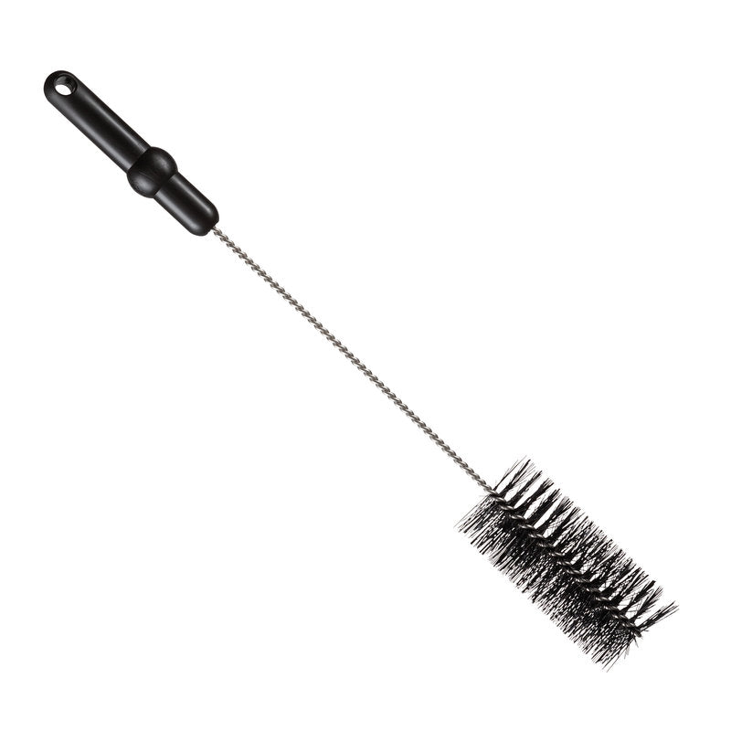 La BROSSE À TUBE de Haug Bürsten KG, ø 0,50mm moyen 500xø 60mm, a des poils cylindriques noirs, un long manche en métal torsadé et une poignée en plastique noir, illustrée sur un fond blanc.