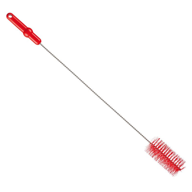 La Haug Bürsten KG BROSSE POUR TUYAU, ø 0,50MM MOYEN 700Xø 60MM a une poignée rouge, une longue tige métallique et des poils rouges - idéale pour le nettoyage des tuyaux. Illustrée sur un fond blanc.