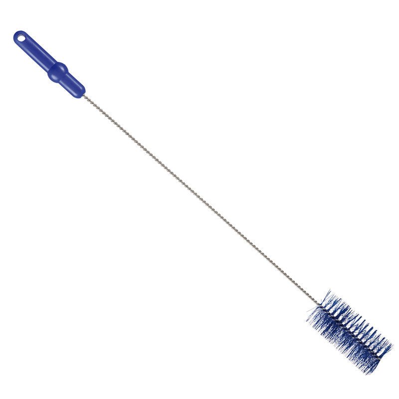 La BROSSE POUR TUYAU, ø 0,50MM MOYEN 700Xø 60MM de Haug Bürsten KG dispose d'une poignée en plastique bleu, d'une longue tige métallique et de poils cylindriques bleus à une extrémité - idéale pour le nettoyage des tuyaux - sur un fond blanc.