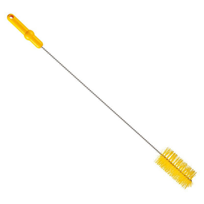 La Haug Bürsten KG BROSSE POUR TUYAU, ø 0,50MM MOYEN 700Xø 60MM a une poignée en plastique jaune, une fine tige métallique torsadée et des poils jaunes à l'extrémité, idéale pour le nettoyage des tuyaux. Le produit est illustré isolé sur un fond blanc.