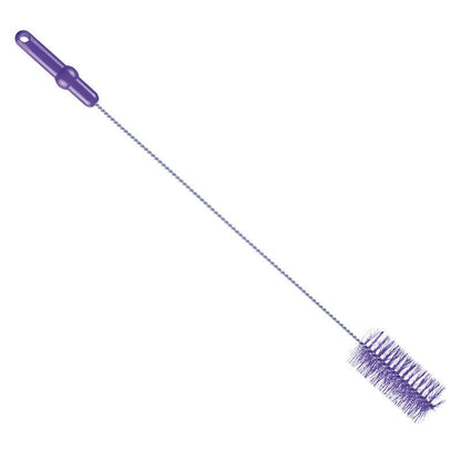 La BROSSE POUR TUYAU ø 0,50MM MOYEN 700Xø60MM de Haug Bürsten KG est une brosse longue et étroite avec une poignée en plastique violet et des poils cylindriques, idéale pour le nettoyage des tuyaux, illustrée sur un fond blanc.