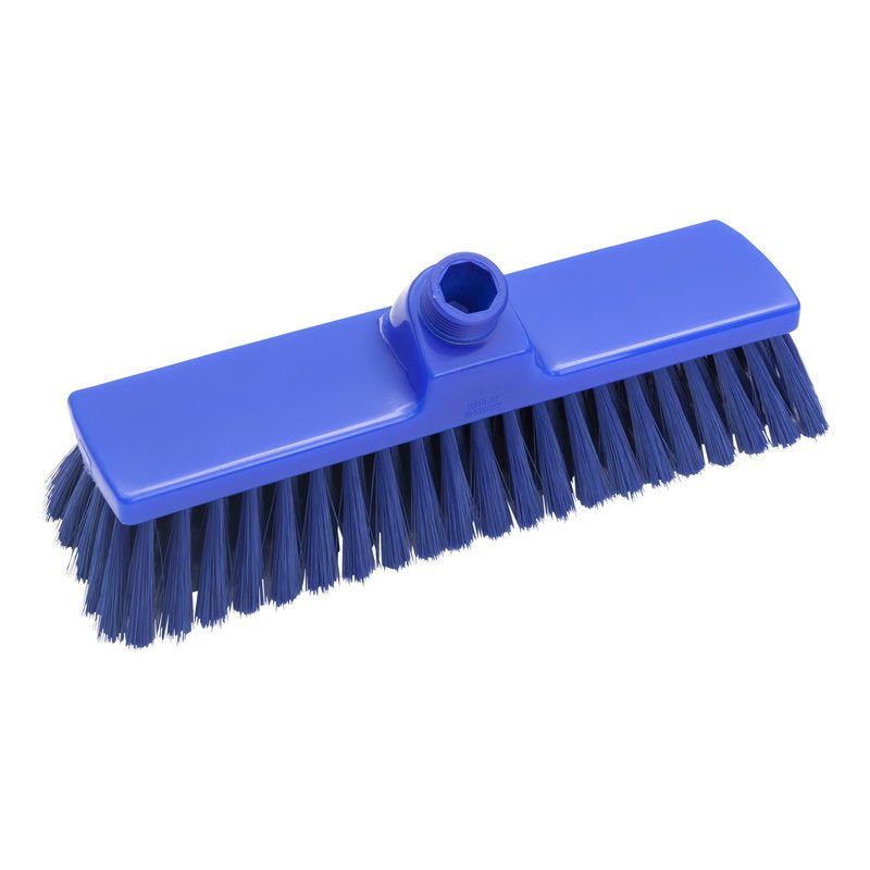 Le Haug Bürsten KG BALAI, FENDU ø 0,25MM SOUPLE (300x70x50mm) est une tête de balai rectangulaire bleue avec des poils souples et un raccord pour manche, idéal pour les surfaces sensibles. Illustré sur fond blanc.