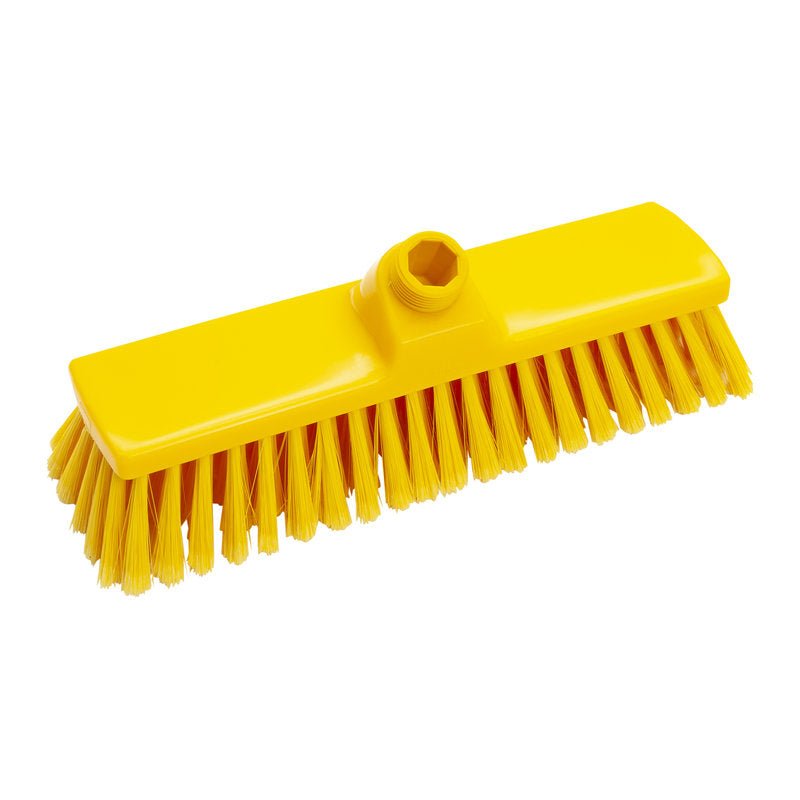 Un BALAI, FENDU ø 0,25MM SOUPLE (300x70x50mm) de Haug Bürsten KG avec tête rectangulaire jaune et fente centrale pour la fixation du manche sur fond blanc.