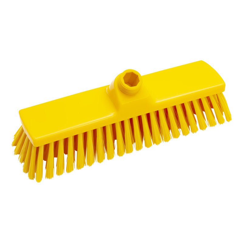 Le Haug Bürsten KG BESEN, PBT SOUPLE 300X70X50MM, NON FENDU est une tête de brosse jaune résistante, dotée de poils synthétiques souples et d'un trou de fixation central, conçue pour un nettoyage efficace des sols.