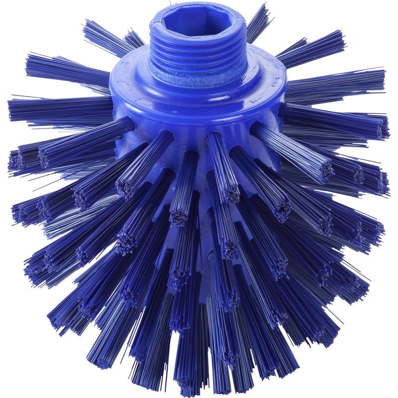 Un gros plan de la BROSSE DE LOUP Haug Bürsten KG, ø 0,50 DUR (135 x ø 120 mm), montre la tête bleue ronde avec des poils rigides rayonnant vers l'extérieur et un embout fileté au sommet.