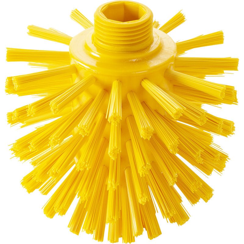 La BROSSE DE LOUP, ø 0,50 DUR (135 x ø 120 mm) de Haug Bürsten KG est une tête de brosse industrielle ronde jaune avec des poils rigides dirigés vers l'extérieur et une ouverture filetée supérieure pour la fixation du manche.