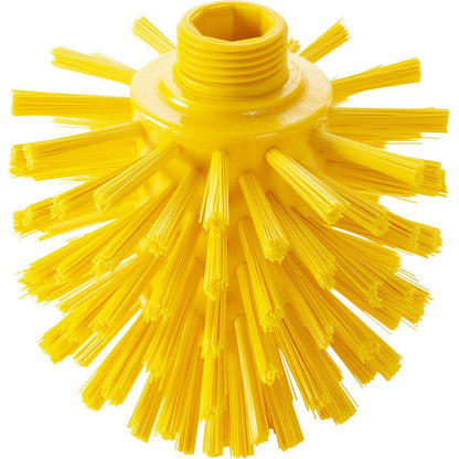 La BROSSE DE LOUP, ø 0,50 DUR (135 x ø 120 mm) de Haug Bürsten KG est une tête de brosse industrielle ronde jaune avec des poils rigides dirigés vers l'extérieur et une ouverture filetée supérieure pour la fixation du manche.