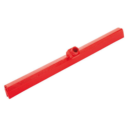 Le RACLETTE À EAU, 2 LÈVRES, 620 MM de Haug Bürsten KG est une tête de raclette en plastique rouge avec des lèvres doubles et un support de manche central, idéale pour le nettoyage efficace des sols ; représentée isolée sur fond blanc.