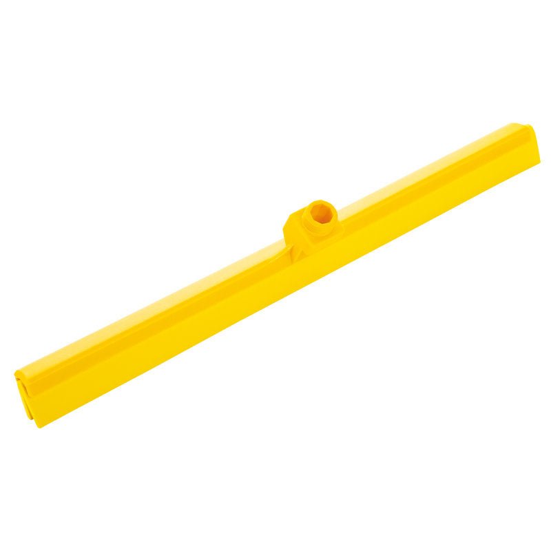 Le Haug Bürsten KG RACLETTE À EAU, 2 LÈVRES, 620 MM est une tête de raclette en plastique jaune avec un raccord fileté pour un nettoyage facile, illustrée sur fond blanc.