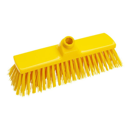 Le BALAI, PBT DUR 300x70x65mm de Haug Bürsten KG est une tête de balai jaune avec des poils PBT rigides et un support central pour le manche à balai, parfait pour un nettoyage en profondeur ; illustré sur fond blanc.