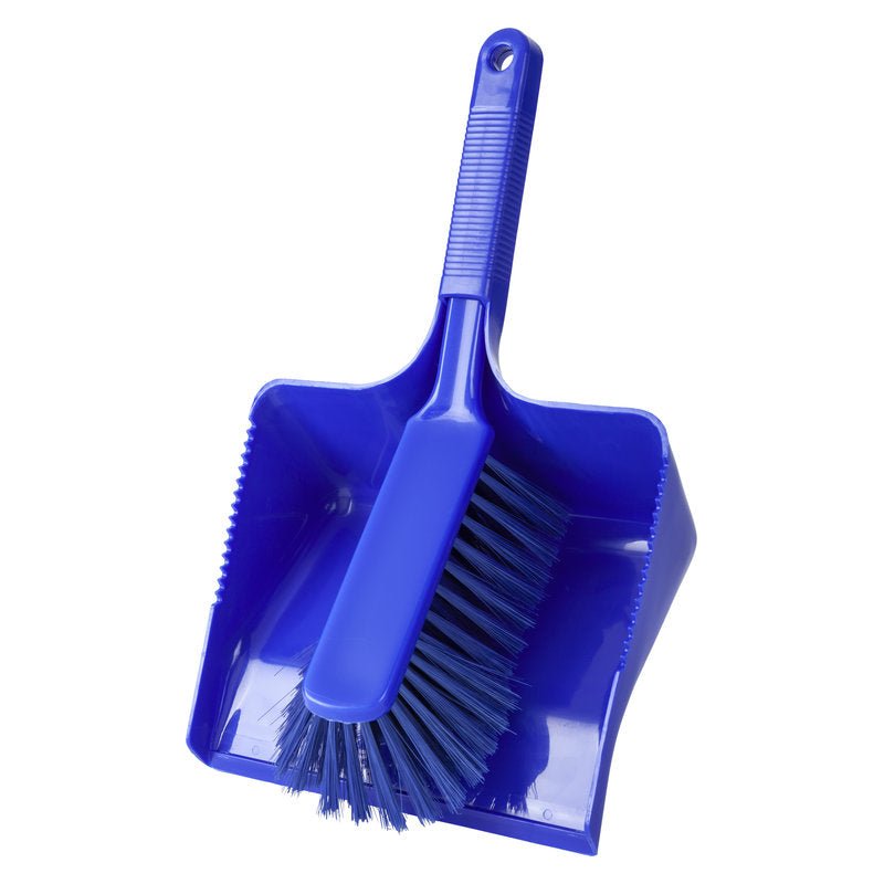 La Haug Bürsten KG KEHRGARNITUR, NON FENDUE, Ø0,25MM, SOUPLE, 350MM est un ensemble en plastique bleu avec une pelle et une brosse assorties, dotées de poignées nervurées et de poils souples, idéal pour le nettoyage des sols.