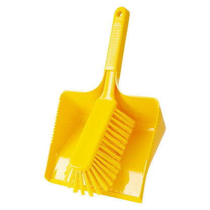 La Haug Bürsten KG KEHRGARNITUR, NON FENDUE, Ø0,25MM, SOUPLE, 350MM est un ensemble pelle et brosse jaune avec des poils souples et une poignée texturée. La brosse est insérée dans le bac ; les deux sont idéaux pour le nettoyage des sols et paraissent propres et non utilisés.