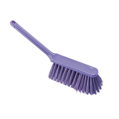 Le HANDBESEN, WEICH, 310MM, UNGESCHLITZT de Haug Bürsten KG est une brosse à main violette en plastique avec des poils doux et un trou de suspension, idéale pour le nettoyage et sur fond blanc.