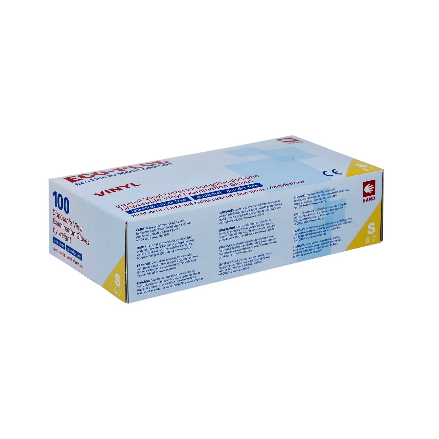 Une boîte de 100 gants jetables en vinyle sans poudre de AMPri Handelsgesellschaft mbH. La boîte principalement blanche contient du texte bleu et rouge avec des informations sur le produit, taille S (6-7) et un symbole de main orange. Elle est représentée sur un fond blanc simple.