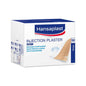 Un paquet de 100 pansements d'injection Hansaplast Soft (4 x 1,9 cm) de Beiersdorf AG pour peaux sensibles, fabriqués en matériau hypoallergénique. Livré dans un emballage blanc et bleu avec texte multilingue et illustration de pansement.