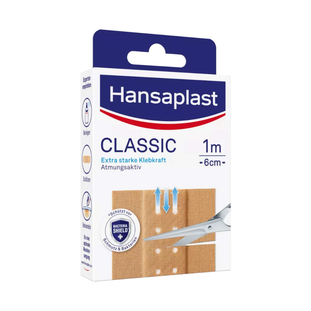 Une boîte de pansements Hansaplast Classic – différentes tailles, illustrée avec un rouleau de bandage rapide respirant de 1 mètre de long et 6 cm de large avec une adhérence améliorée et des propriétés respirantes de Beiersdorf AG.