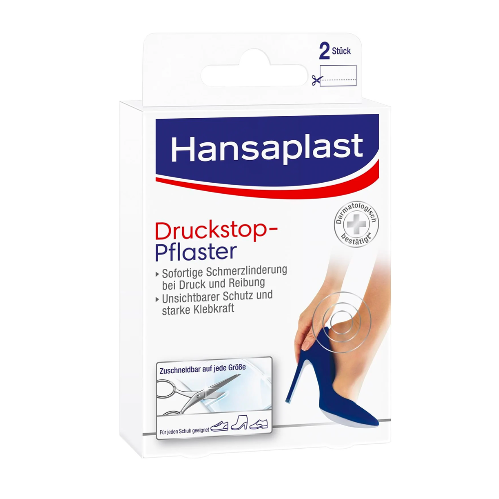 Emballage du pansement Hansaplast Druckstop de Beiersdorf AG avec l'image d'un pied de femme dans des talons hauts, promettant un soulagement des douleurs de pression. Le texte est en allemand et met l'accent sur la protection.
