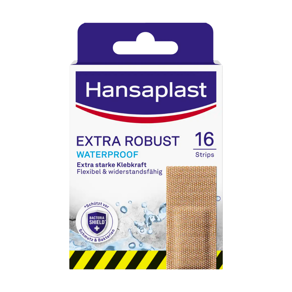 Une boîte de pansements Hansaplast Extra Robust Waterproof de Beiersdorf AG avec 16 pansements en textile. L'emballage met en avant la forte adhérence, la flexibilité et la résistance des pansements avec la technologie Hi-DRY TEX