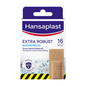Une boîte de pansements Hansaplast Extra Robust Waterproof de Beiersdorf AG avec 16 pansements en textile. L'emballage met en avant la forte adhérence, la flexibilité et la résistance des pansements avec la technologie Hi-DRY TEX