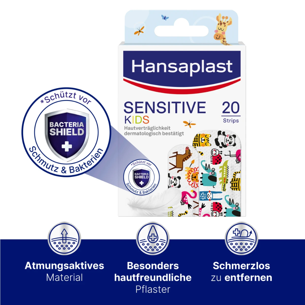 Une boîte de pansements pour enfants sensibles Hansaplast - 20 pansements de Beiersdorf AG avec un design animalier coloré et adapté aux enfants. L'emballage met en avant un matériau hypoallergénique, respirant et un retrait facile, avec des symboles soulignant la protection.