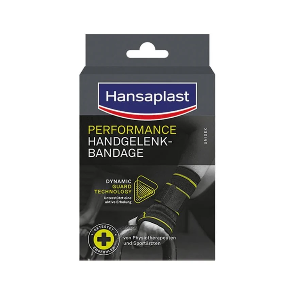 Emballage de la bande de poignet Hansaplast Performance de Beiersdorf AG avec une bande de poignet noir et jaune. L'emballage présente des détails sur le produit et des logos de marque, mettant en avant le Dynamic Recovery Knit et les vêtements actifs.