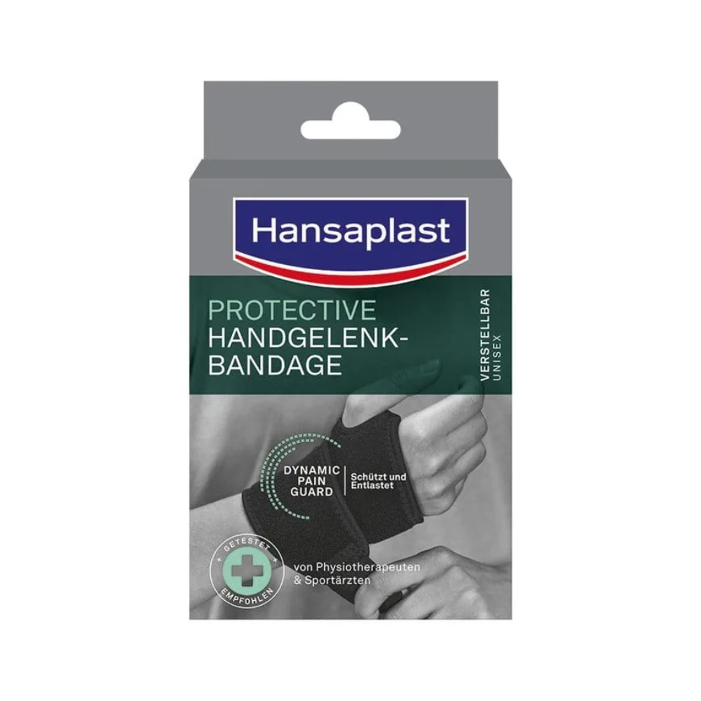 Emballage pour la bande de poignet protectrice Hansaplast de Beiersdorf AG avec les mots « Dynamic Guard » et « Protection Bandage ». Un poignet avec un bandage gris est représenté. Texte en