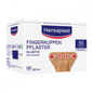 Une boîte de pansements Hansaplast Elastic pour le bout des doigts de Beiersdorf AG 5 x 4,4 cm – 50 pièces | Emballage (50 pièces) de pansements flexibles conçus pour les bouts des doigts. L'emballage est blanc et bleu, contient 50 bandes et porte le logo Hansaplast.