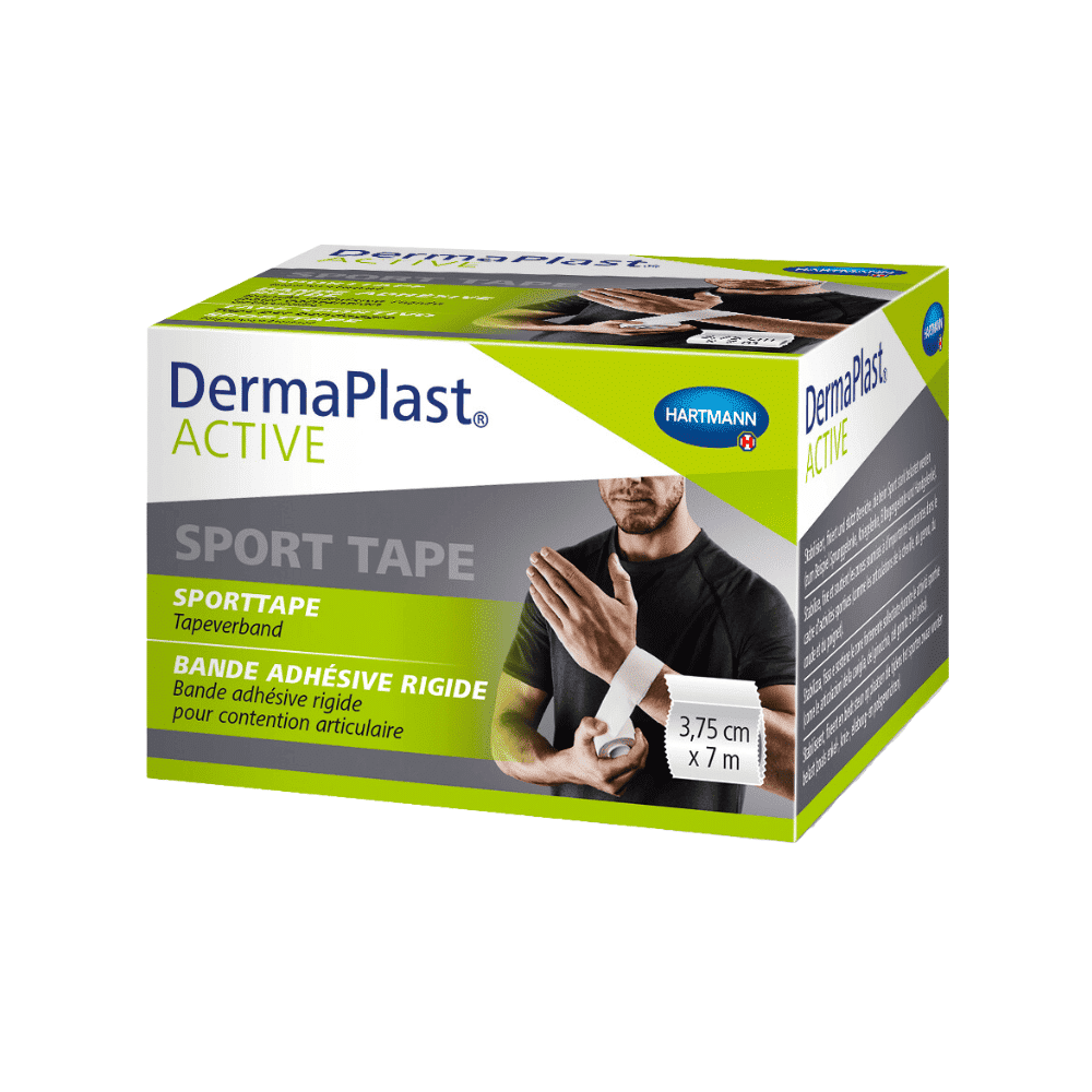 Le Hartmann DermaPlast® ACTIVE Sport Tape de Paul Hartmann AG est idéal pour le traitement préventif des blessures sportives et est livré dans une boîte. Sur l'emballage, on voit une image d'une personne enroulant le ruban autour de son poignet, à côté d'un texte indiquant les dimensions du ruban avec 3,75 cm x 7 mètres.