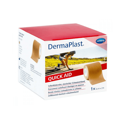Emballage du produit pour le pansement en mousse auto-adhésif Hartmann DermaPlast® Quick Aid, 6 cm x 2 m, de Paul Hartmann AG. L'emballage montre des images du bandage et d'une coureuse qui l'utilise sur son genou.