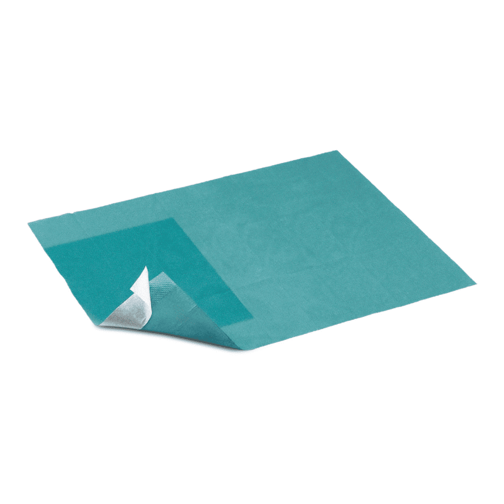 Un seul champ stérile auto-adhésif Hartmann Foliodrape® 50x50 cm de Paul Hartmann AG est partiellement retiré, de sorte que le dos blanc est visible. Le champ est placé sur un fond blanc. Emballage : 90 pièces.