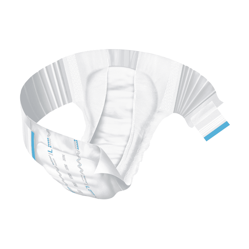 Une couche pour adulte de la ligne Hartmann MoliCare® Premium Elastic de la société Paul Hartmann AG avec un design blanc et bleu est présentée dans une disposition incurvée sur un fond blanc, mettant en valeur ses propriétés absorbantes et flexibles.
