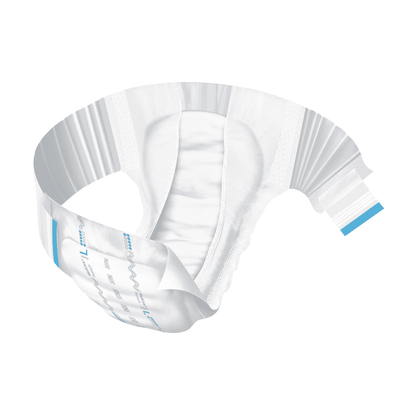 Une couche pour adulte de la ligne Hartmann MoliCare® Premium Elastic de la société Paul Hartmann AG avec un design blanc et bleu est présentée dans une disposition incurvée sur un fond blanc, mettant en valeur ses propriétés absorbantes et flexibles.
