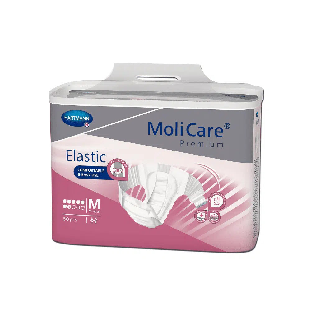 Un paquet de couches pour adultes Hartmann MoliCare® Premium Elastic de taille moyenne, 30 pièces, avec confort de port et fonctionnalités conviviales. L'emballage est blanc et rose et orné d'une image du produit.