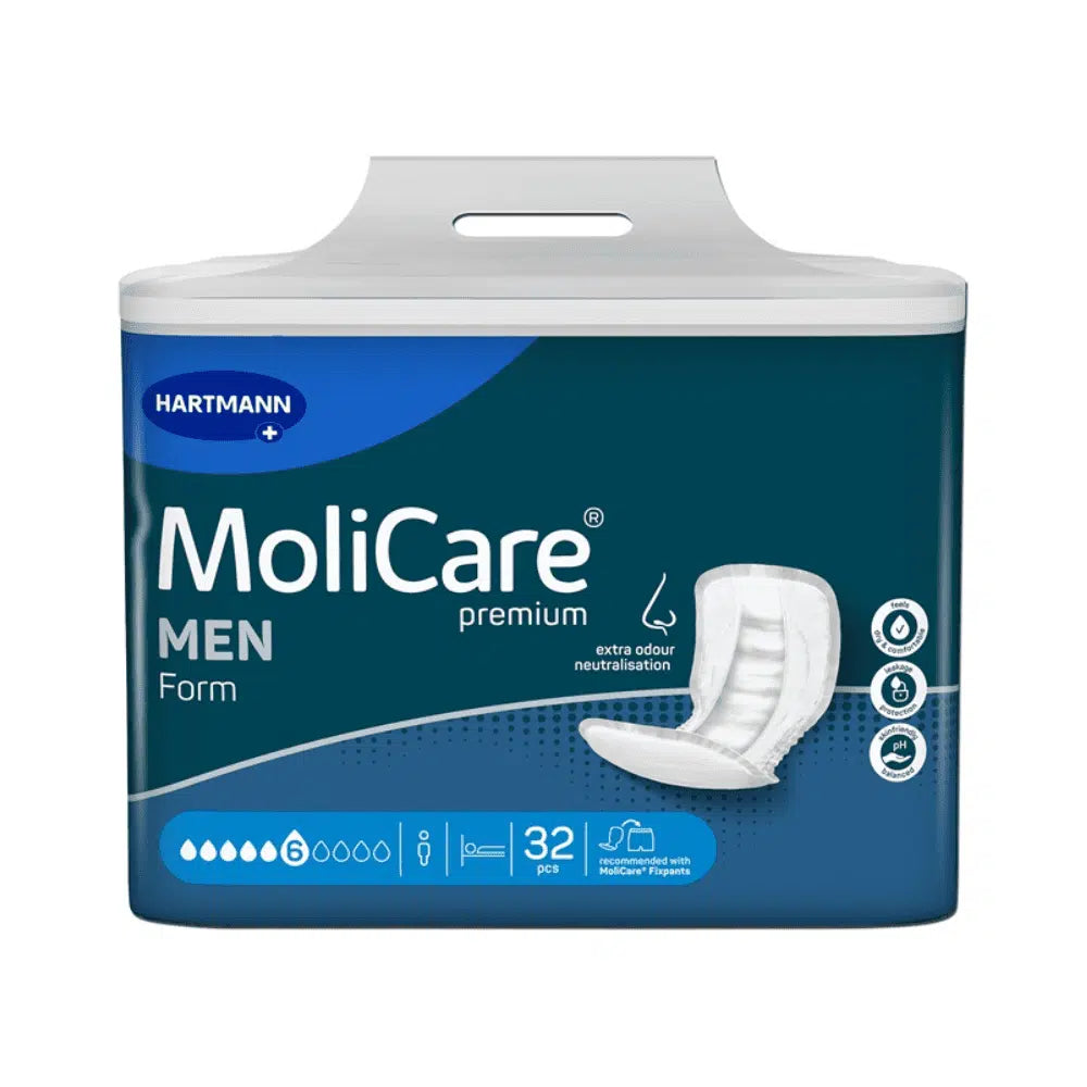 Un paquet bleu et blanc de MoliCare Premium Form MEN, 6 gouttes (32 pièces) de Paul Hartmann AG, illustré avec une image du produit, des symboles et un texte mettant en avant la neutralisation supplémentaire des odeurs et le pH neutre pour la peau des hommes.