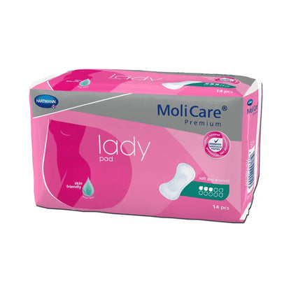 Un paquet de protections Hartmann MoliCare® Premium lady pad avec 14 pièces. L'emballage rose montre une image du produit et est marqué de l'inscription « doux et discret » avec une capacité d'absorption de 4 gouttes, idéal pour une légère incontinence, et d'un symbole « respectueux de la peau ». Paul Hartmann AG