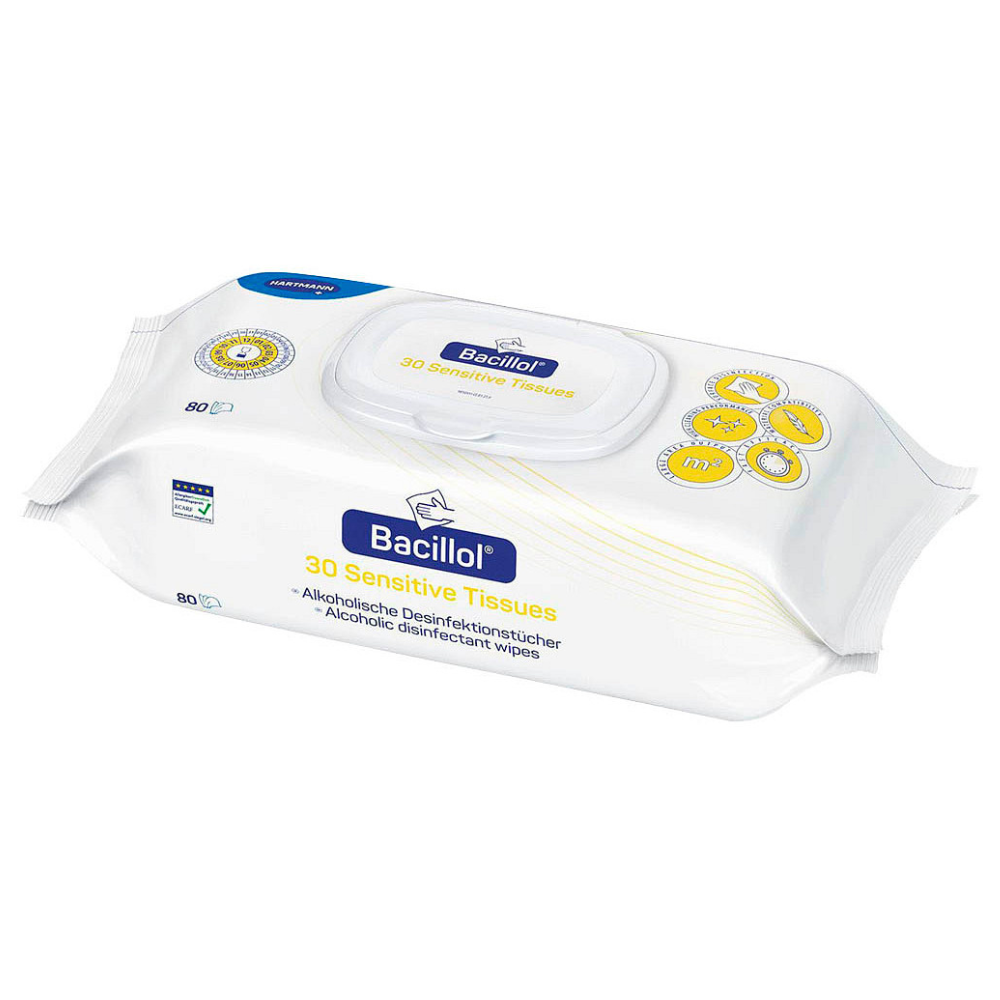 Hartmann Bacillol® 30 Sensitive Lingettes de Paul Hartmann AG : Flowpack avec 80 lingettes, doux pour les surfaces sensibles. L'emballage blanc avec des accents bleus et jaunes et le couvercle en plastique refermable gardent les lingettes fraîches.