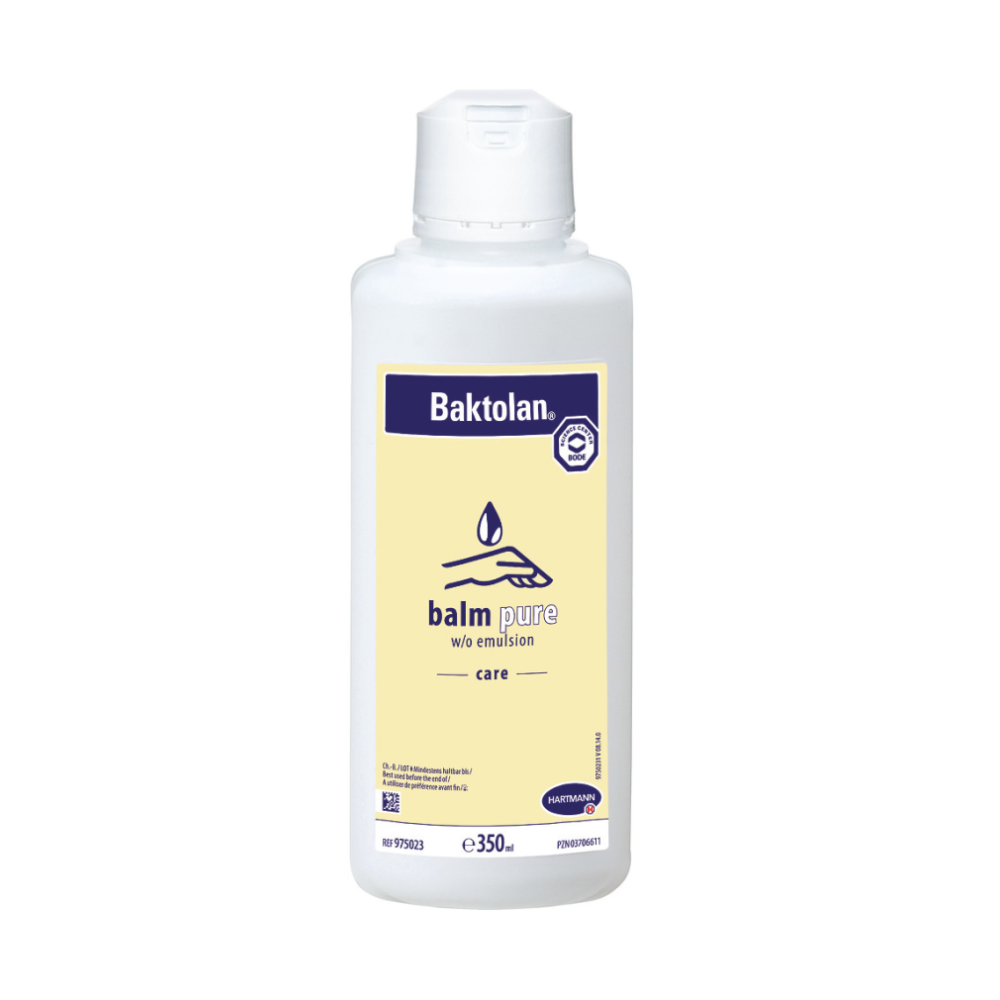 Une bouteille en plastique blanc de 350 ml avec un bec verseur de la société Paul Hartmann AG : Baktolan® Lotion baume de soin pour la peau avec étiquette jaune, texte bleu et bouchon à rabat blanc ; offre un soin hydratant pour la peau sous forme d'émulsion H/E.