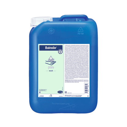 Un bidon de 5 litres en plastique bleu avec de la lotion lavante Hartmann Baktolin® pure, étiqueté en allemand et montrant un symbole de lavage des mains à l'avant. Le récipient est destiné à la distribution d'une lotion lavante pour les mains avec un pH neutre pour la peau. Le produit est fabriqué par Paul Hartmann AG.