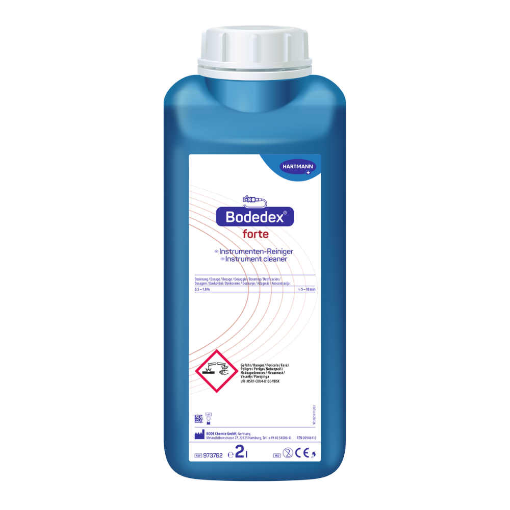 Flacon Hartmann Bodedex® forte, un nettoyant pour instruments avec une étiquette blanche et violette. L'étiquette contient des instructions d'utilisation et des symboles de danger. La capacité du récipient est de 2 litres.