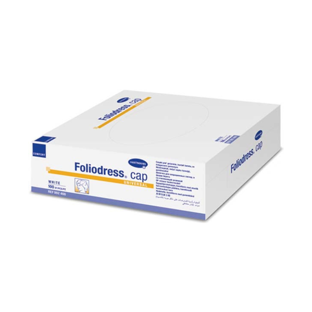 Une boîte fermée blanc-bleu avec l'inscription « Paul Hartmann AG Foliodress® Cap « universel » Comfort OP-Caps blanc » contient des bonnets en non-tissé et sur le côté un texte avec des caractéristiques de produit détaillées.