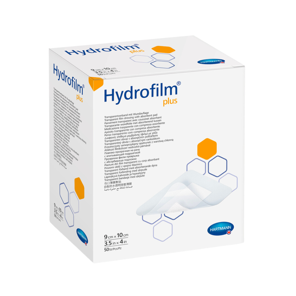 Une boîte de pansements Hartmann Hydrofilm® Plus Transparentverband de Paul Hartmann AG, avec texte et détails du produit, présentée avec une image des pansements sur le côté.