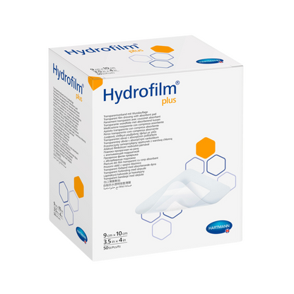 Une boîte de pansements Hartmann Hydrofilm® Plus Transparentverband de Paul Hartmann AG, avec texte et détails du produit, présentée avec une image des pansements sur le côté.
