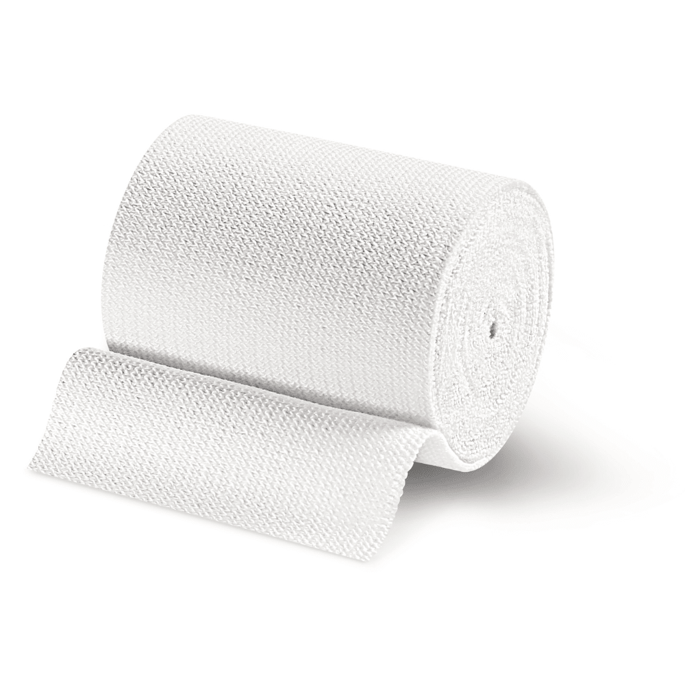 Un rouleau de bandage médical blanc Idealbinde de Paul Hartmann AG, partiellement déroulé, isolé sur fond blanc.