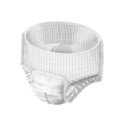 Une ceinture de soutien herniaire blanche en tissu élastique avec des fermetures à scratch et un design profilé pour un ajustement confortable autour de l'abdomen, adaptée en cas de faiblesse vésicale modérée, comme par exemple les culottes d'incontinence Hartmann MoliCare Pants Day - 30 pièces de Paul Hartmann AG.