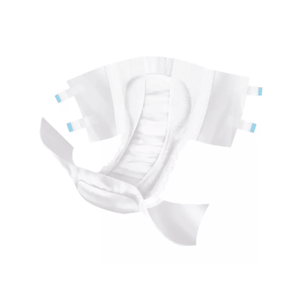 Une culotte d'incontinence MoliCare Slip Day de Hartmann avec des languettes adhésives de Paul Hartmann AG est ouverte et à plat sur un fond blanc, montrant un rembourrage absorbant et des rabats latéraux pour une protection efficace contre l'incontinence urinaire et fécale.